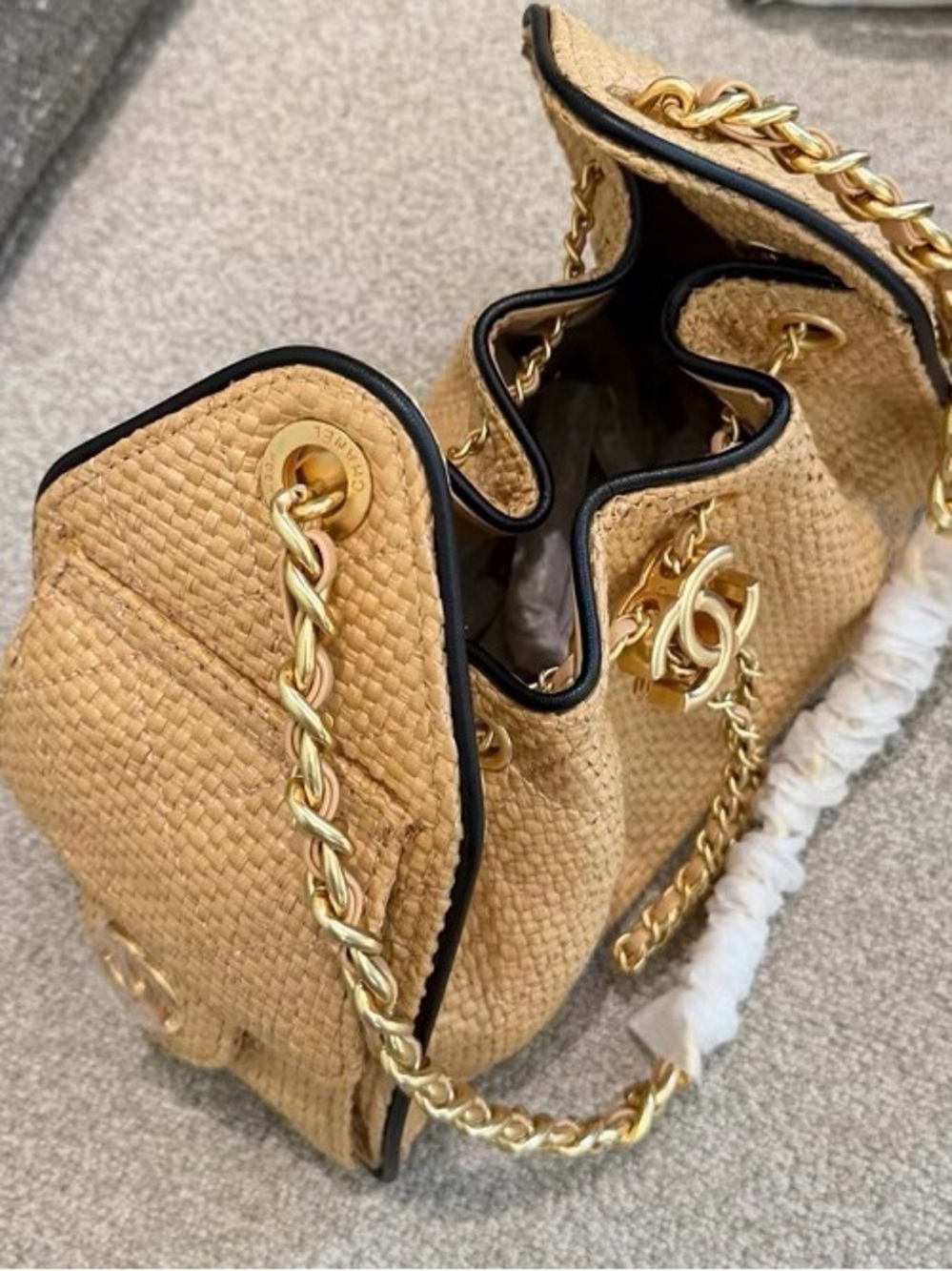 CC Raffia Drawstring 25 Mini Bucket Bag Tan - Picture 2 of 7